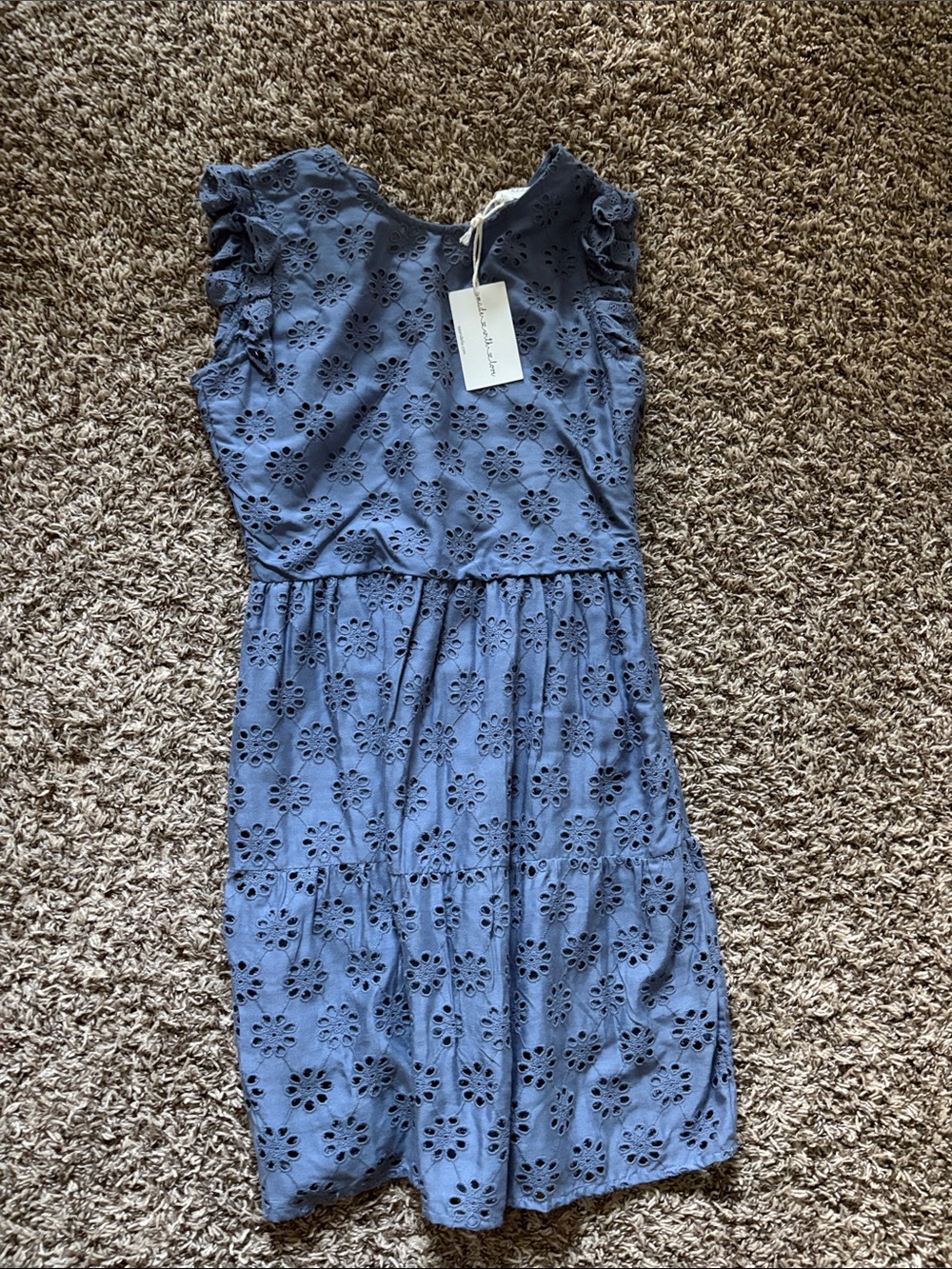 Girls Eyelet Ruffle-Sleeve Dress in Denim Blue